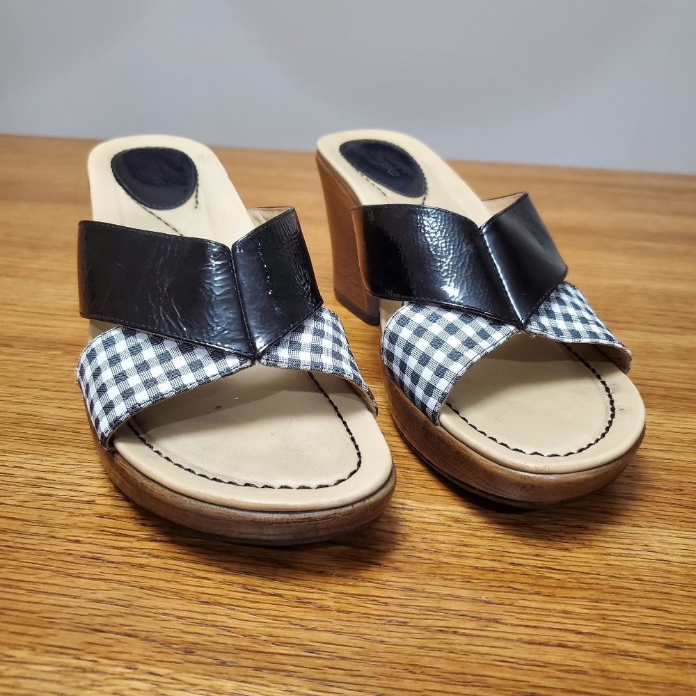 Dansko Neve Slide Platform Wedge Sandals in Gingham and Black Patent Lea…
